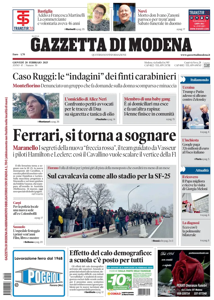 Prima-pagina-gazzetta di modena-oggi-edizione-del-2025-02-20